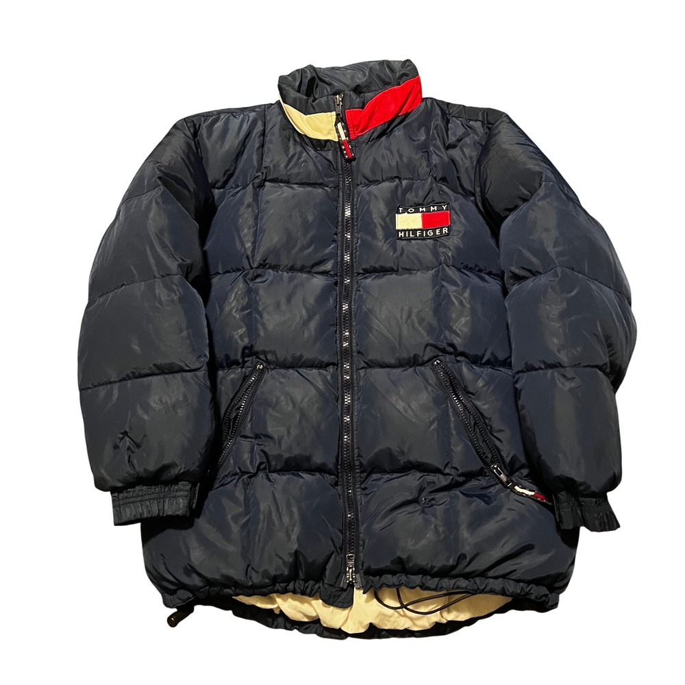 Vintage Tommy Hilfiger Puffer Jacket Mens Medium Navy Down Feathers Big Flag